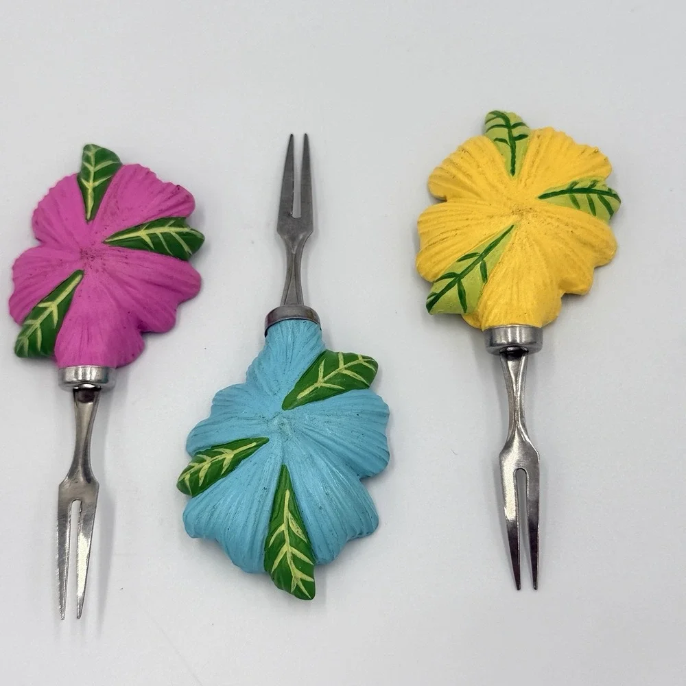 VTG Hibiscus Cocktail Picks Tiki Charcuterie Appetizer Forks Luau Decor Tropical